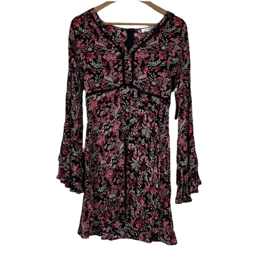 NWT C’isa Mini Dress Womens S Pink Black Floral Long Flare Sleeve Hippie Boho